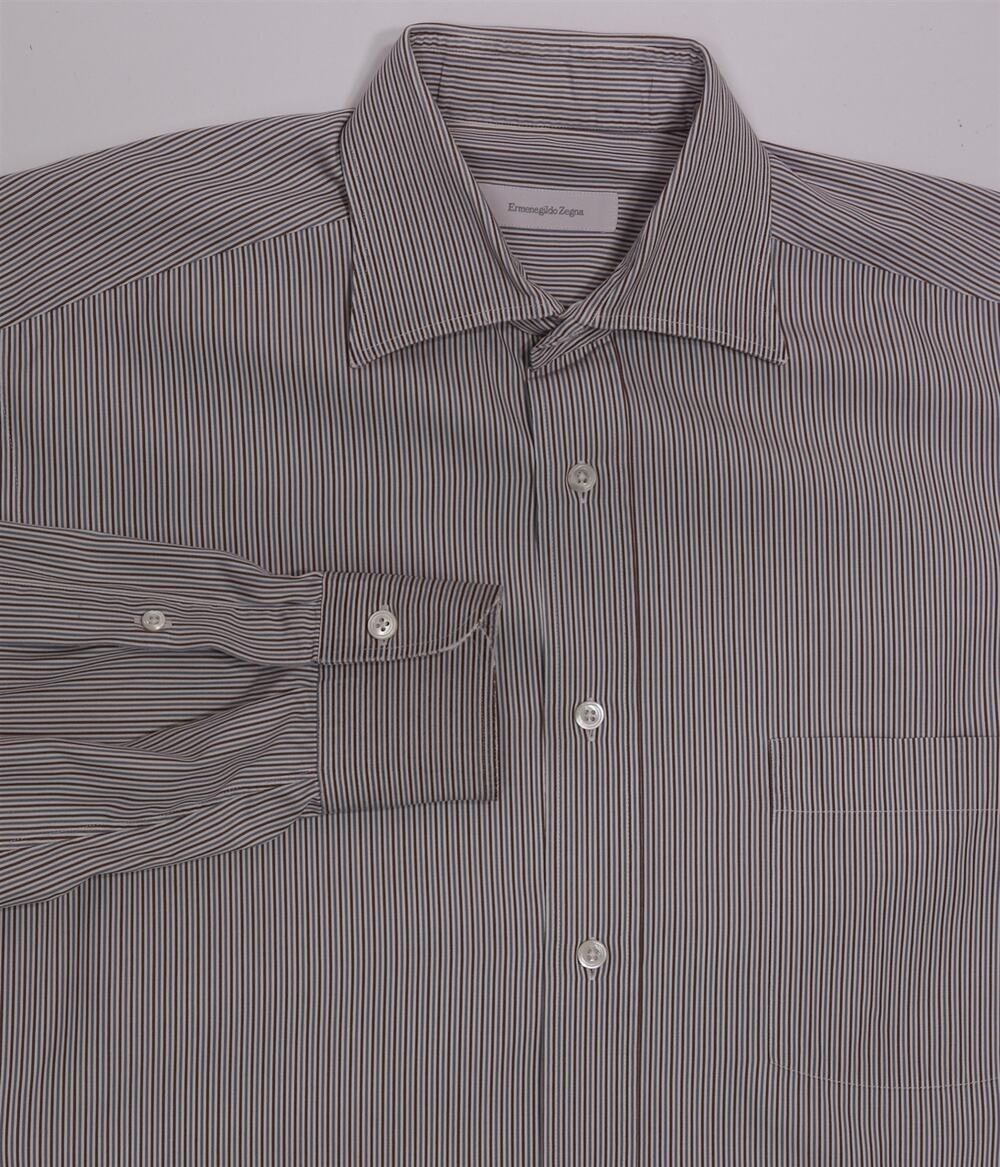 Ermenegildo Zegna Comfort Fit Gray Brown Striped Cotton Dress Shirt (41) 16-34